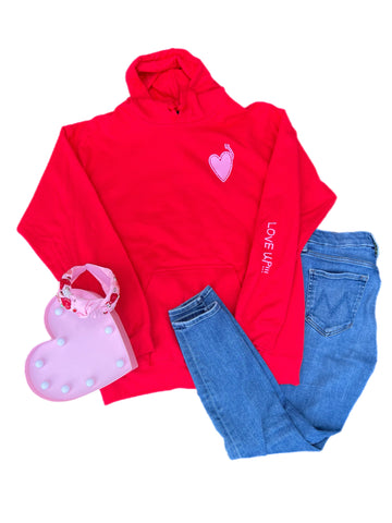 Adult Red Hoodie with Pink Embroidered Heart