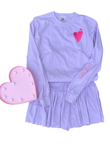 Adult Comfort Colors Lavendar Long Sleeve T-shirt with Pink Heart