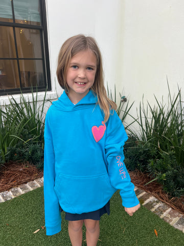 Youth Turquoise Blue Hoodie with Pink Heart