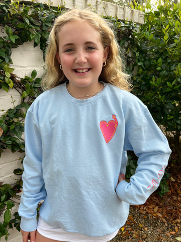 Adult Hydrangea Blue Crewneck with Pink Heart