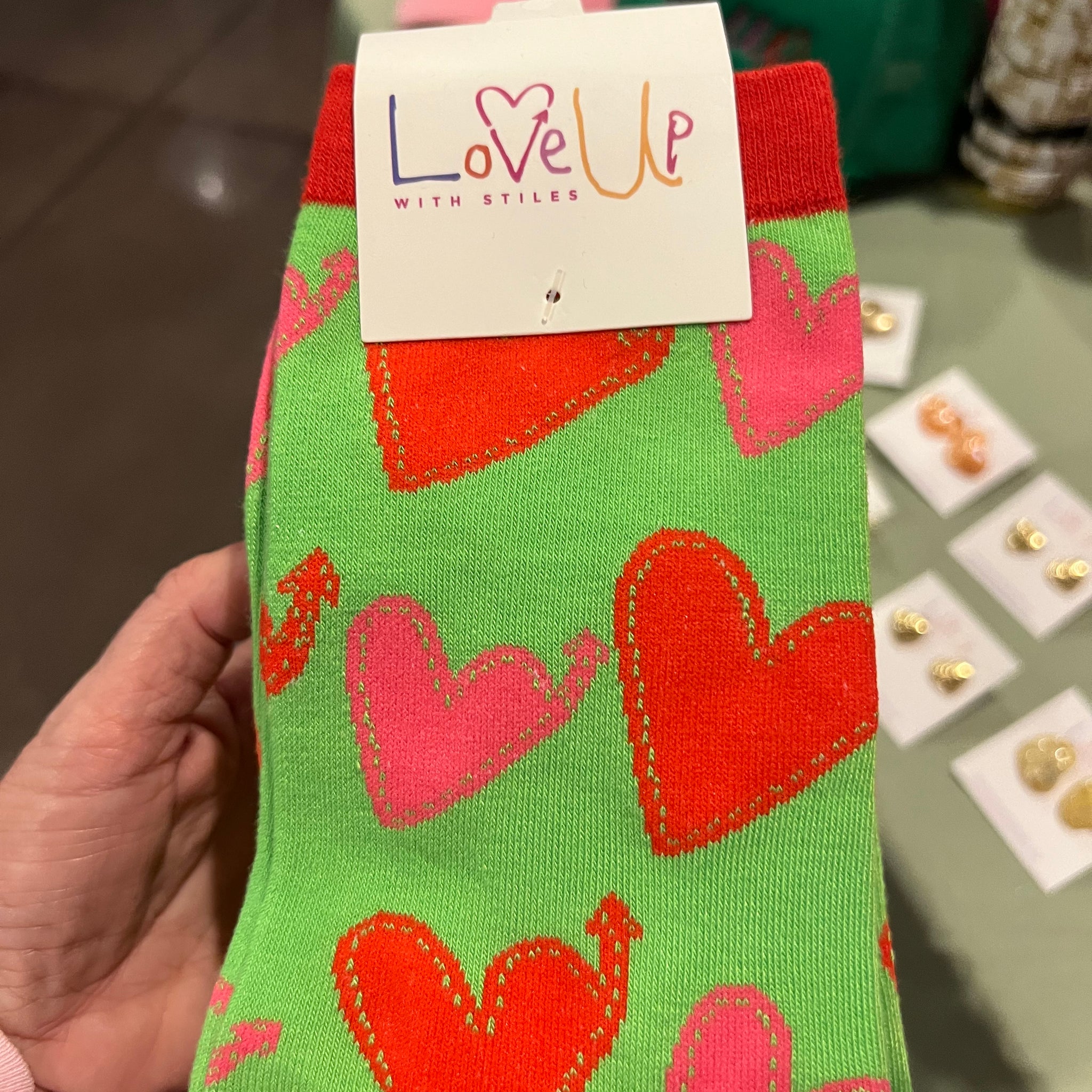 Love Up socks green red and pink