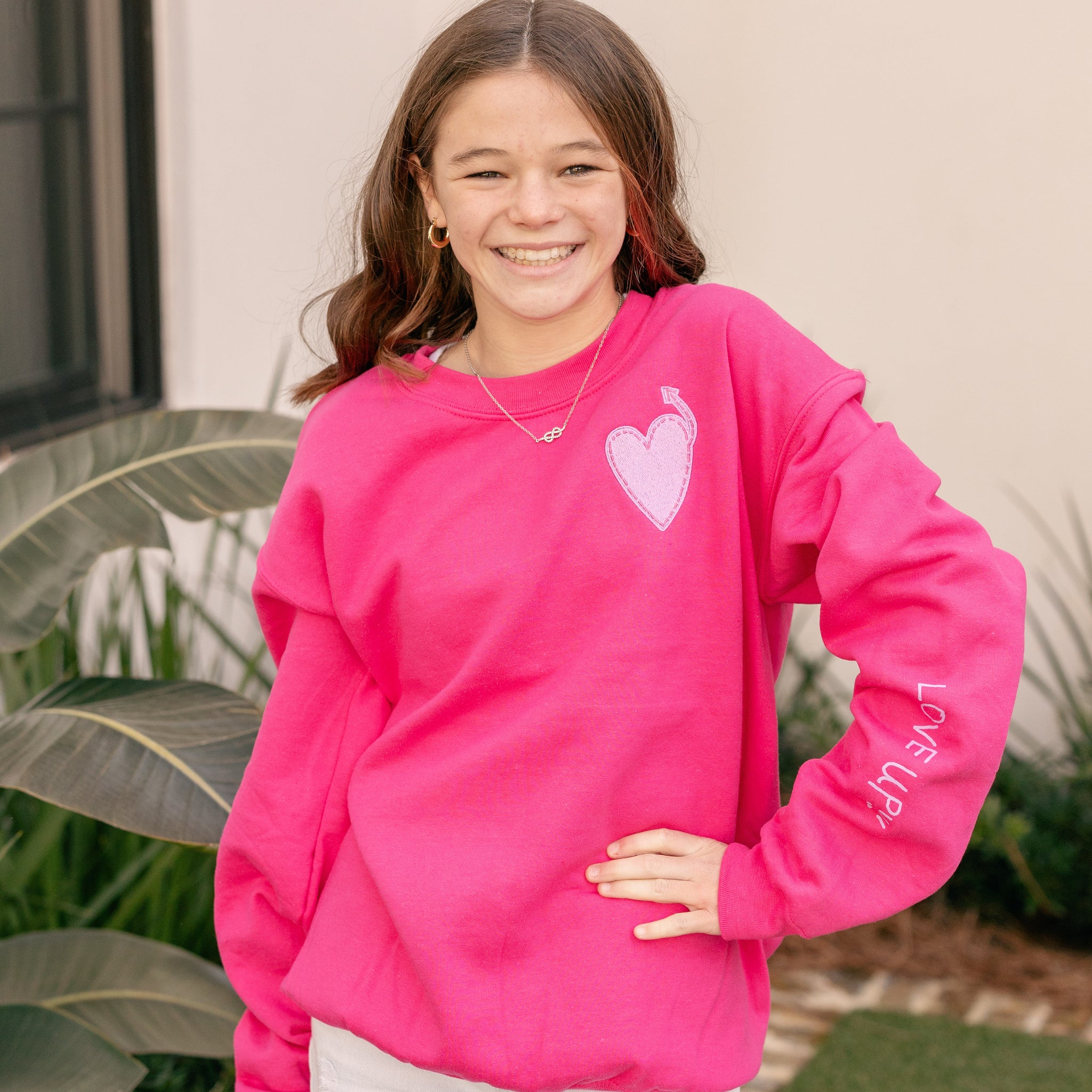 Adult Hot Pink Crewneck with Lavender Heart