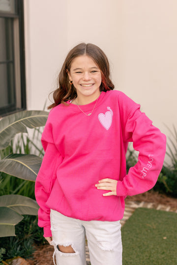 Adult Hot Pink Crewneck with Lavender Heart