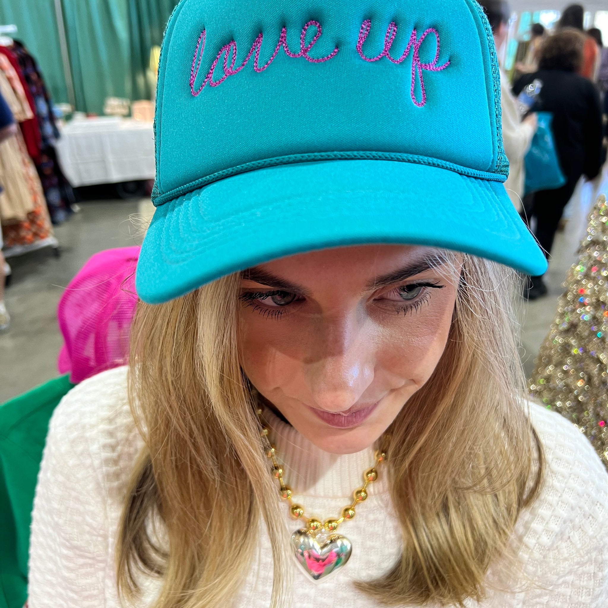 Teal Love Up Embroidered Trucker Hat