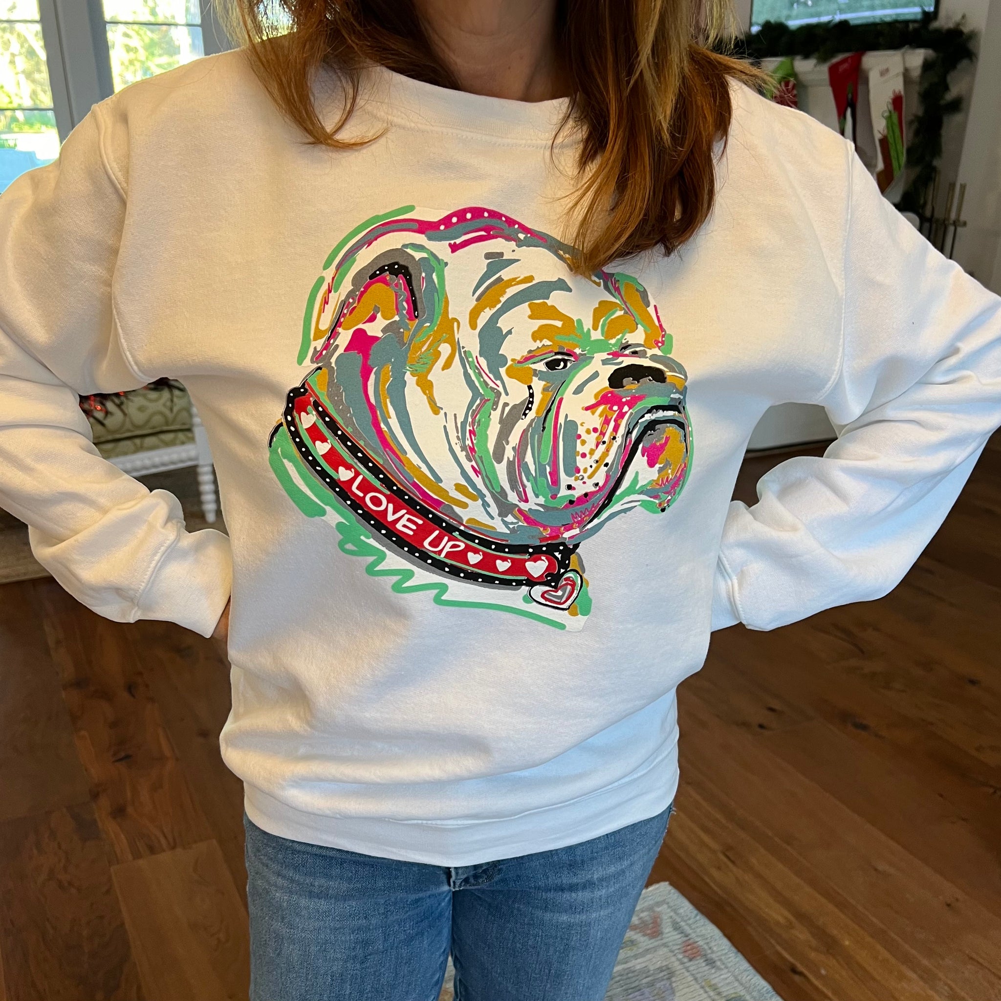 Adult Love Up Bulldawg White Crewneck Sweatshirt