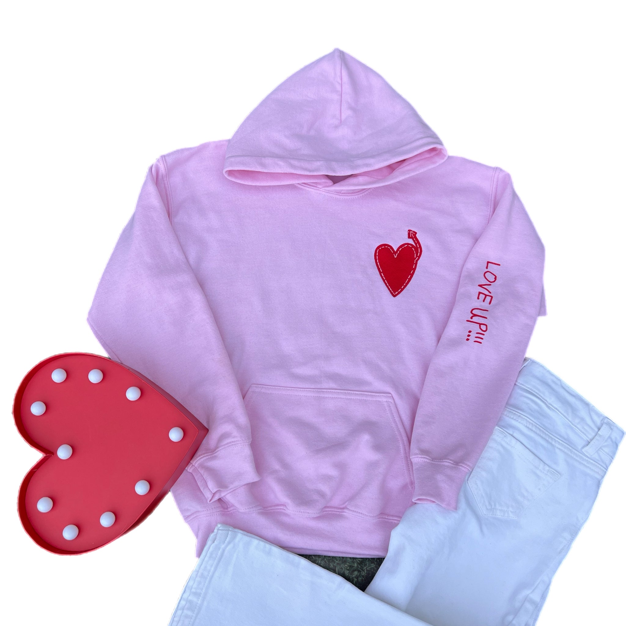 Youth Light Pink Hoodie with Red Heart