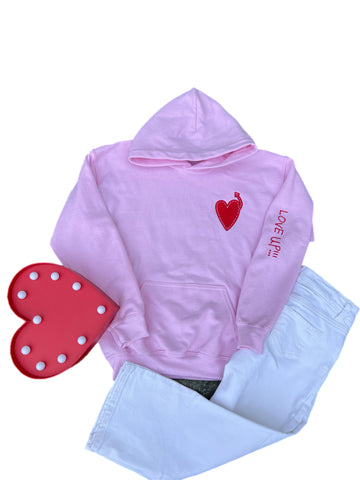 Youth Light Pink Hoodie with Red Heart