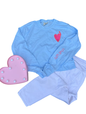 Adult Comfort Colors Blue Long Sleeve T-shirt with Pink Heart