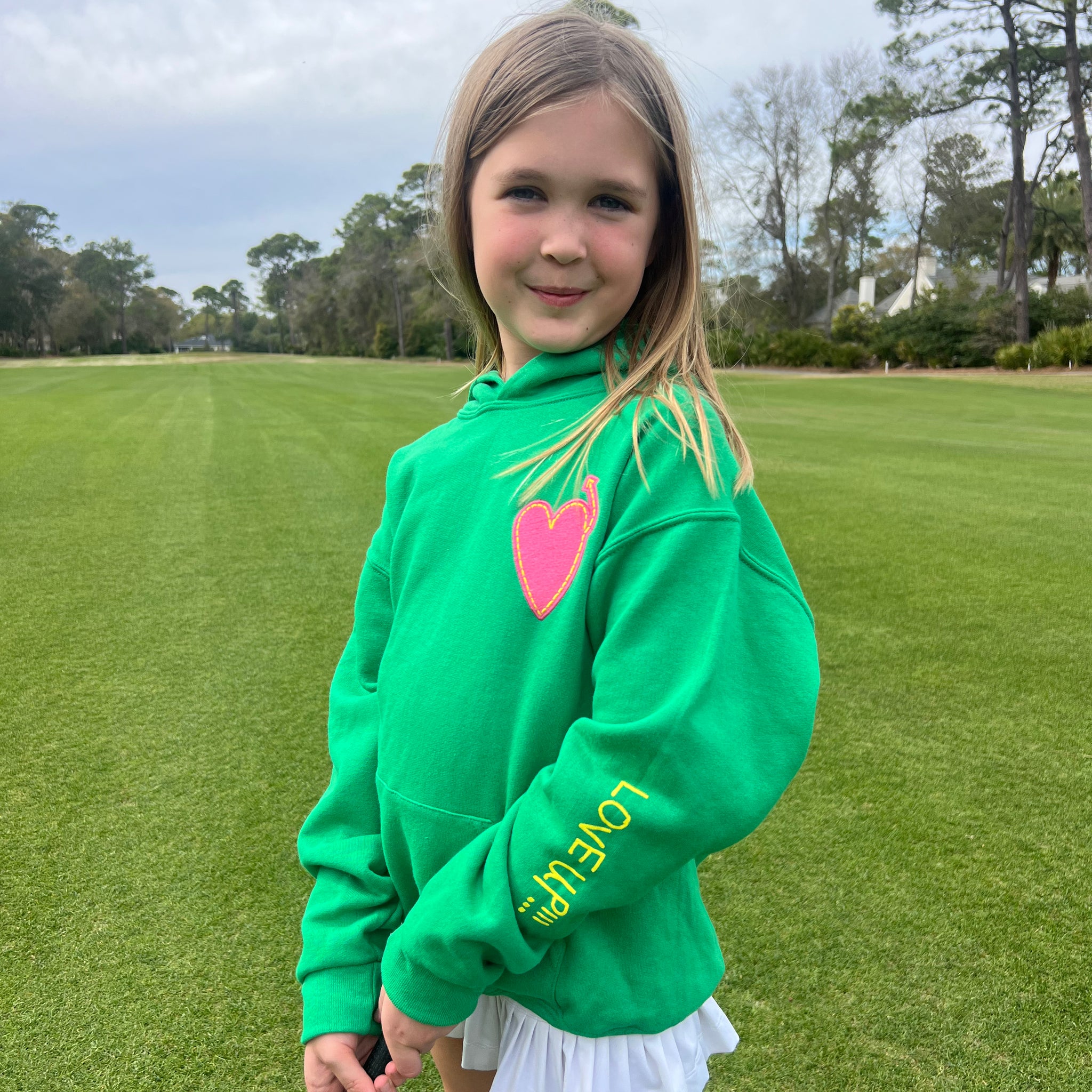 Youth Green Hoodie With Pink Heart Love Up Augusta