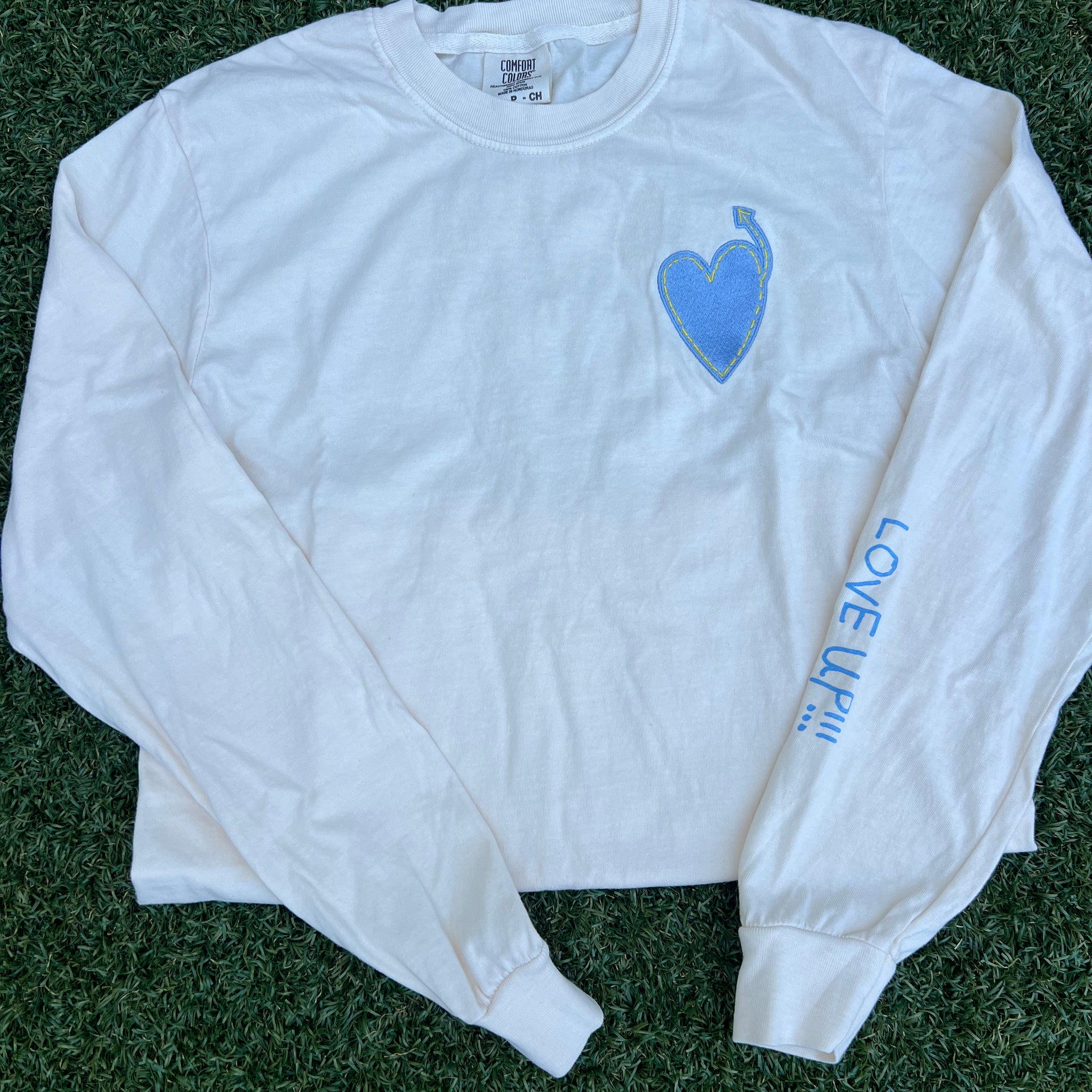 Adult Comfort Colors Ivory Long Sleeve T-shirt with Blue Heart