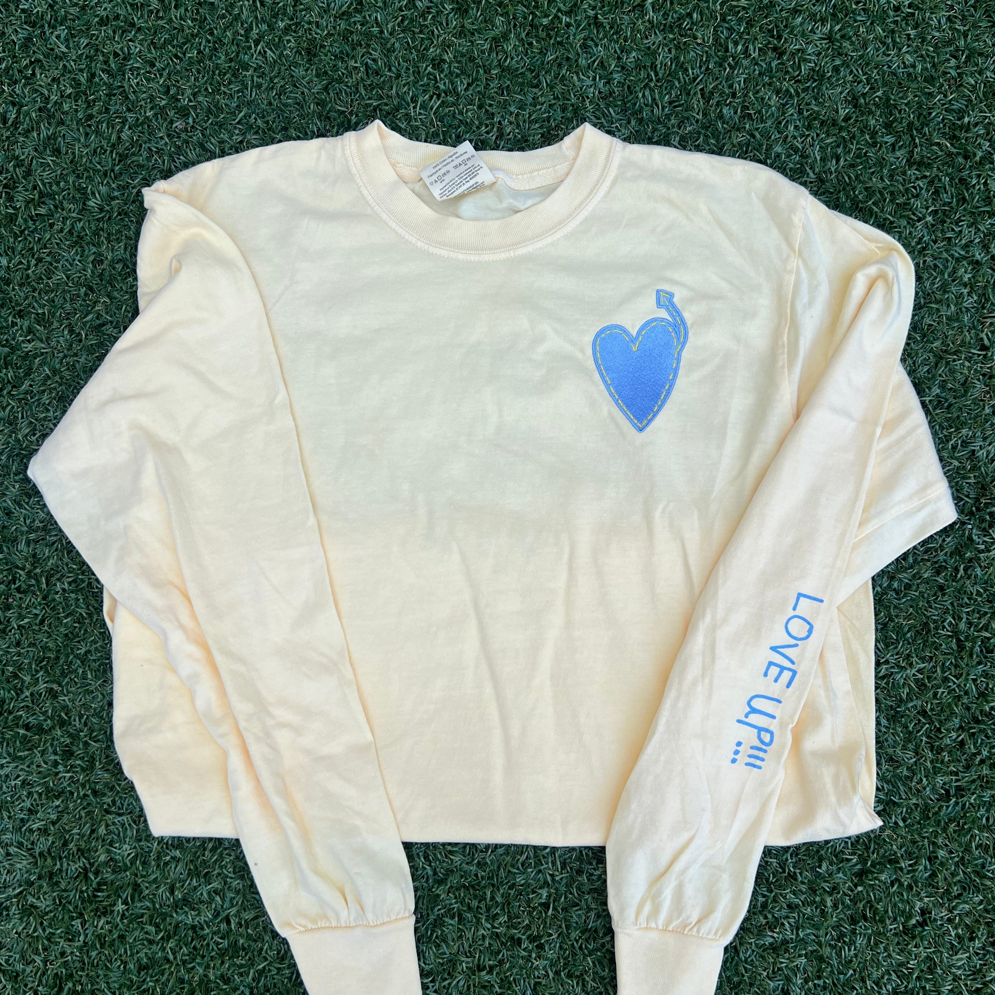 Adult Comfort Colors Yellow Long Sleeve T-shirt with Blue Heart