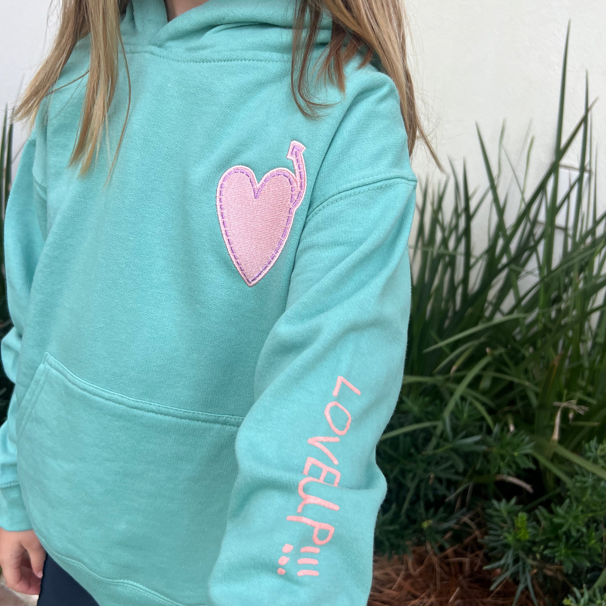 Youth Saltwater Green Hoodie with Purple Heart