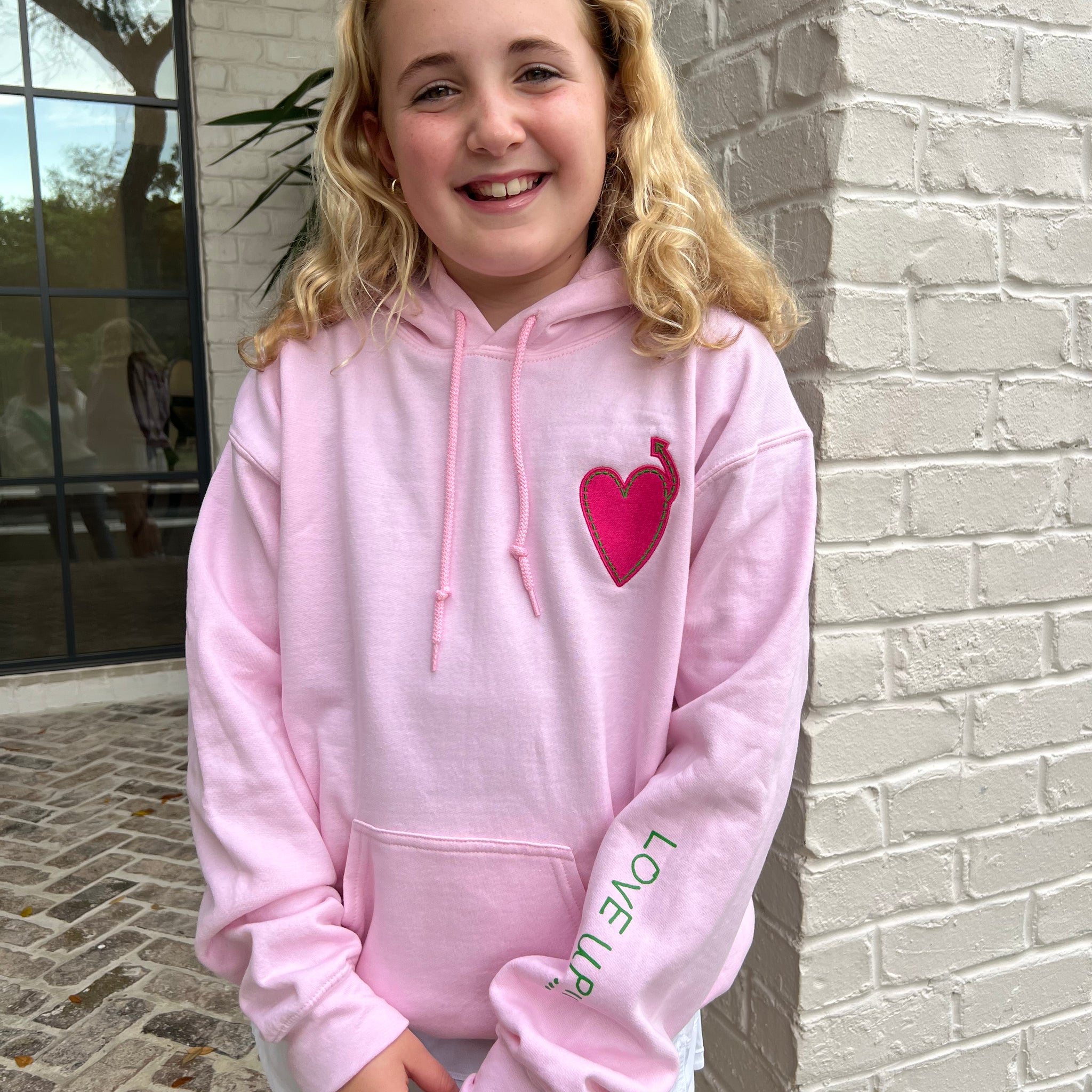 Adult Light Pink Hoodie with Hot Pink Embroidered Heart