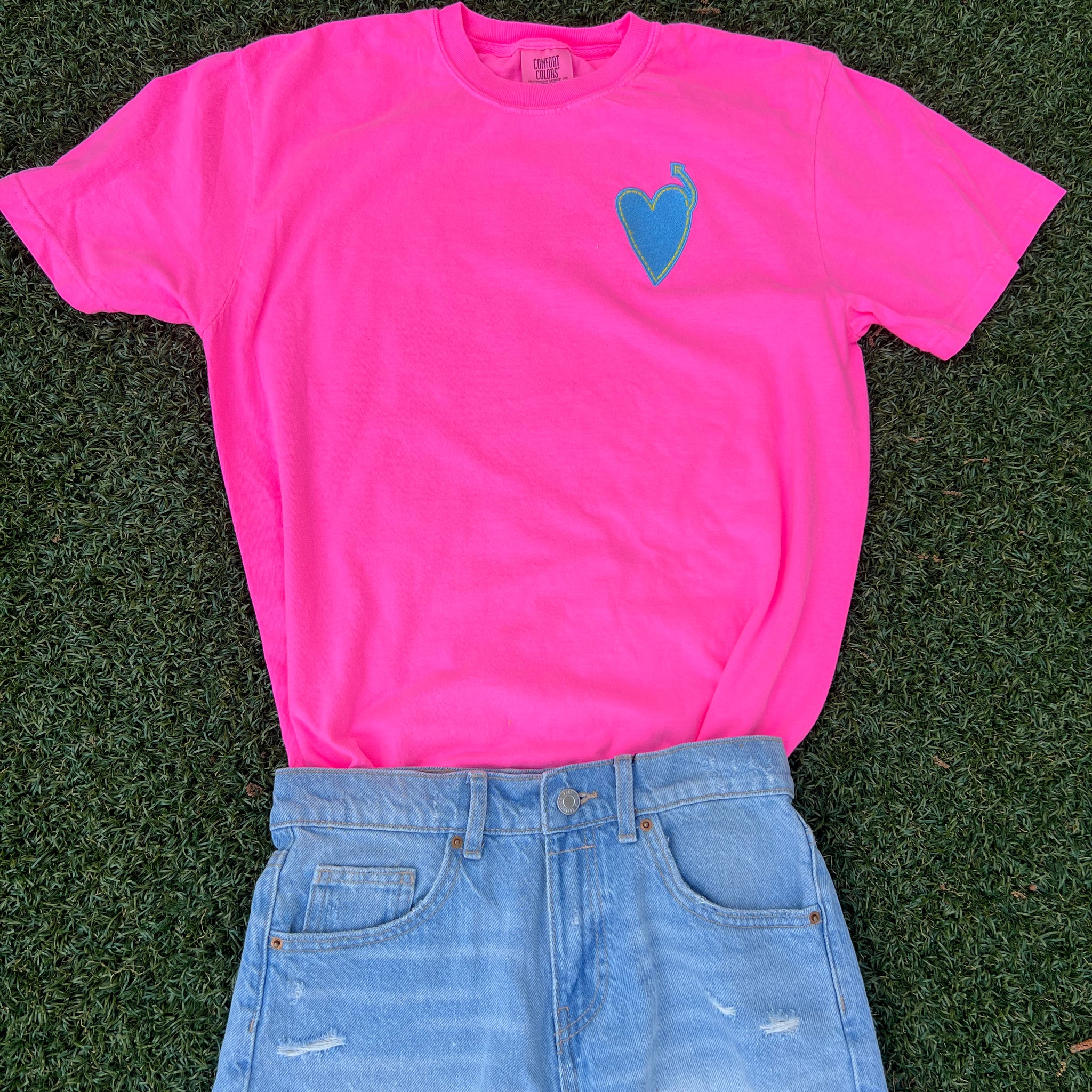 Adult Comfort Colors Neon PINK Tshirt with Turquoise Blue Heart