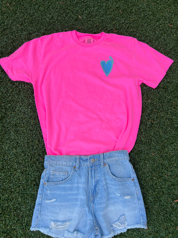 Adult Comfort Colors Neon PINK Tshirt with Turquoise Blue Heart