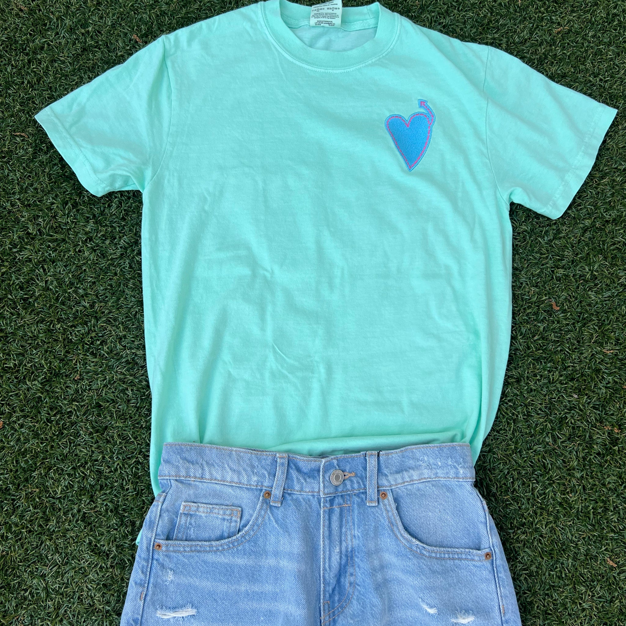 Adult Comfort Colors Island Reef Green Tshirt with Turquoise Blue Heart