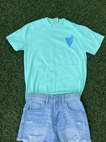 Adult Comfort Colors Island Reef Green Tshirt with Turquoise Blue Heart