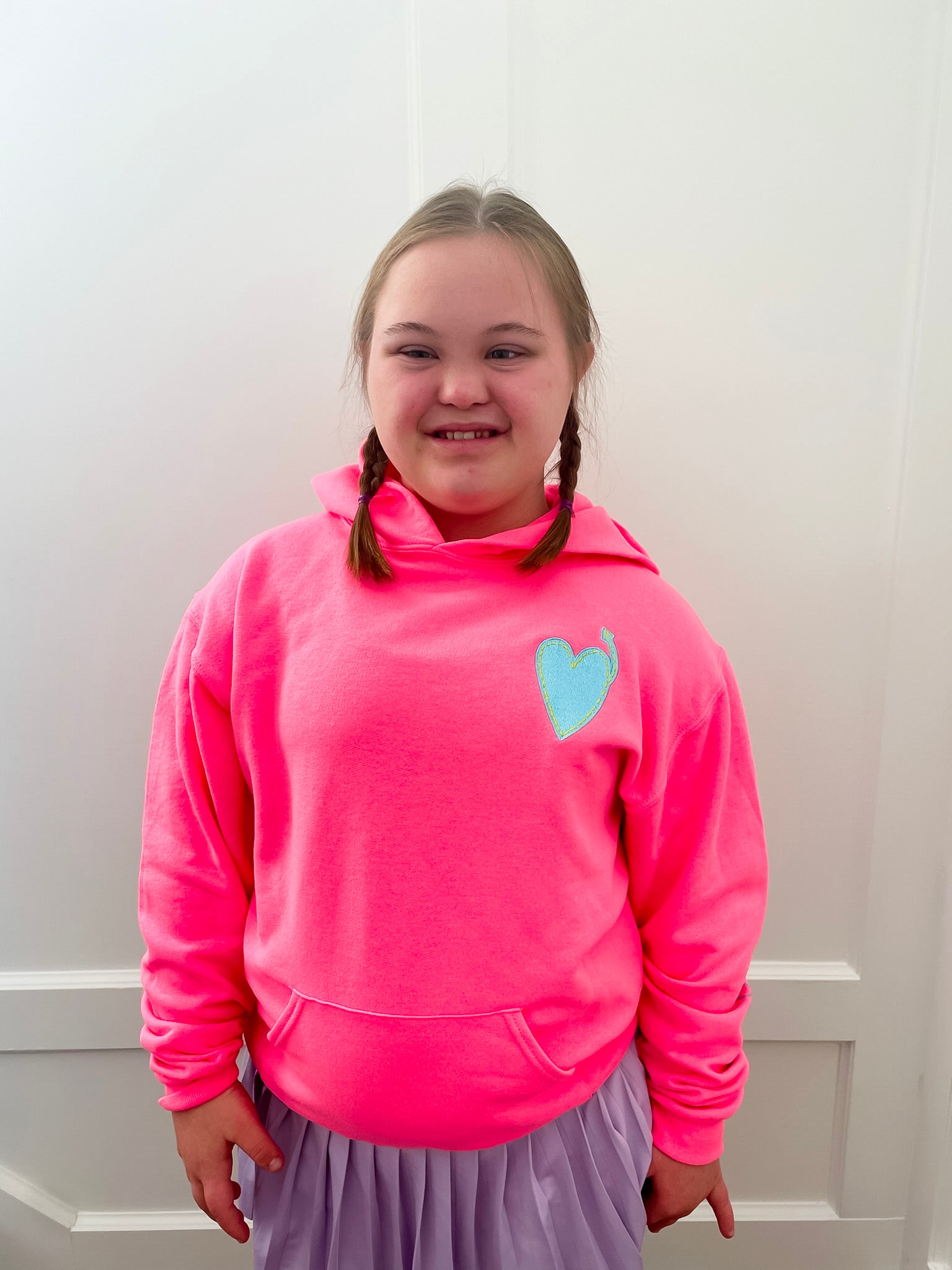 Youth Neon Pink Hoodie With Turquoise Heart