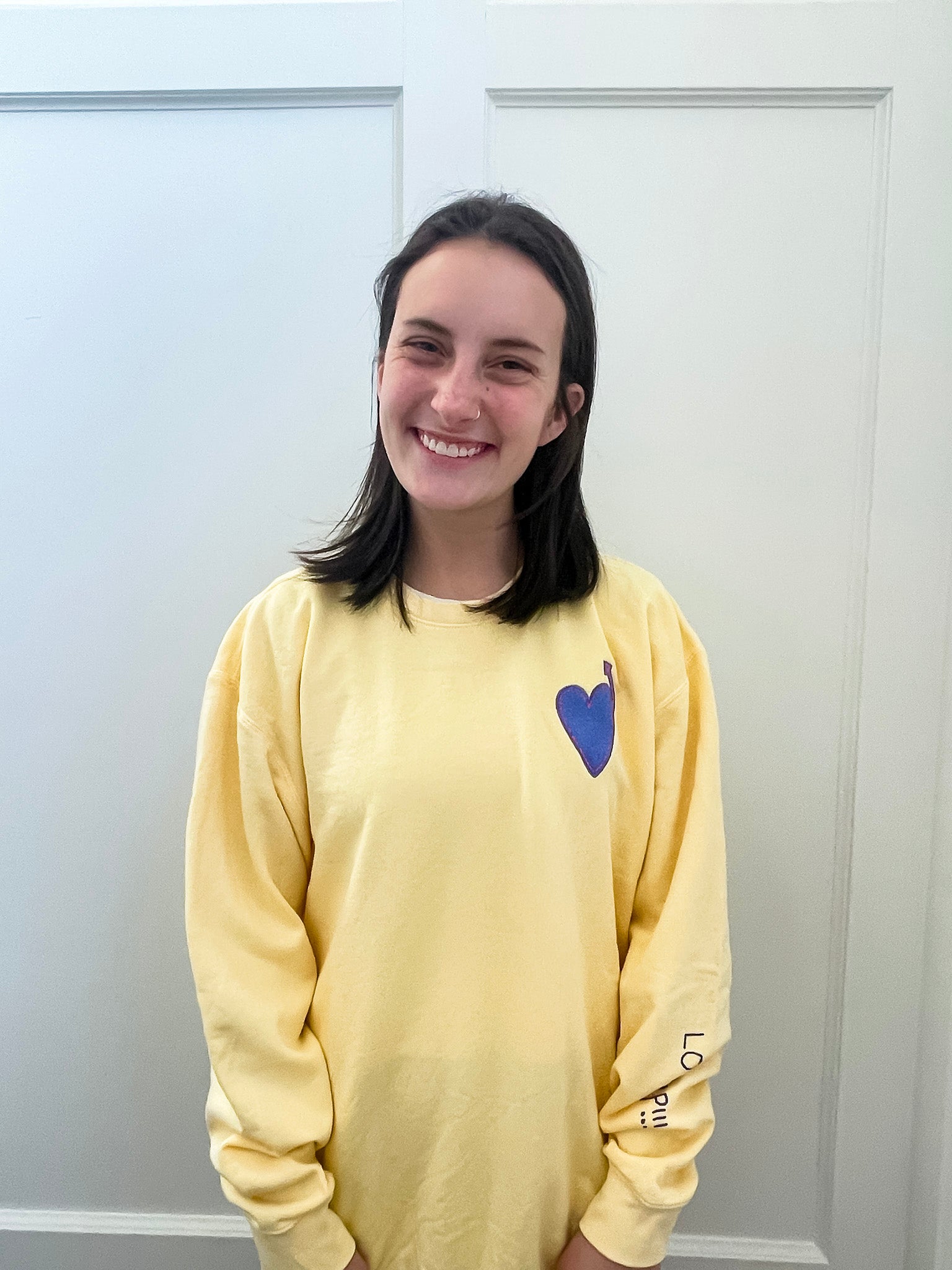 Yellow Crewneck with Violet Blue Heart